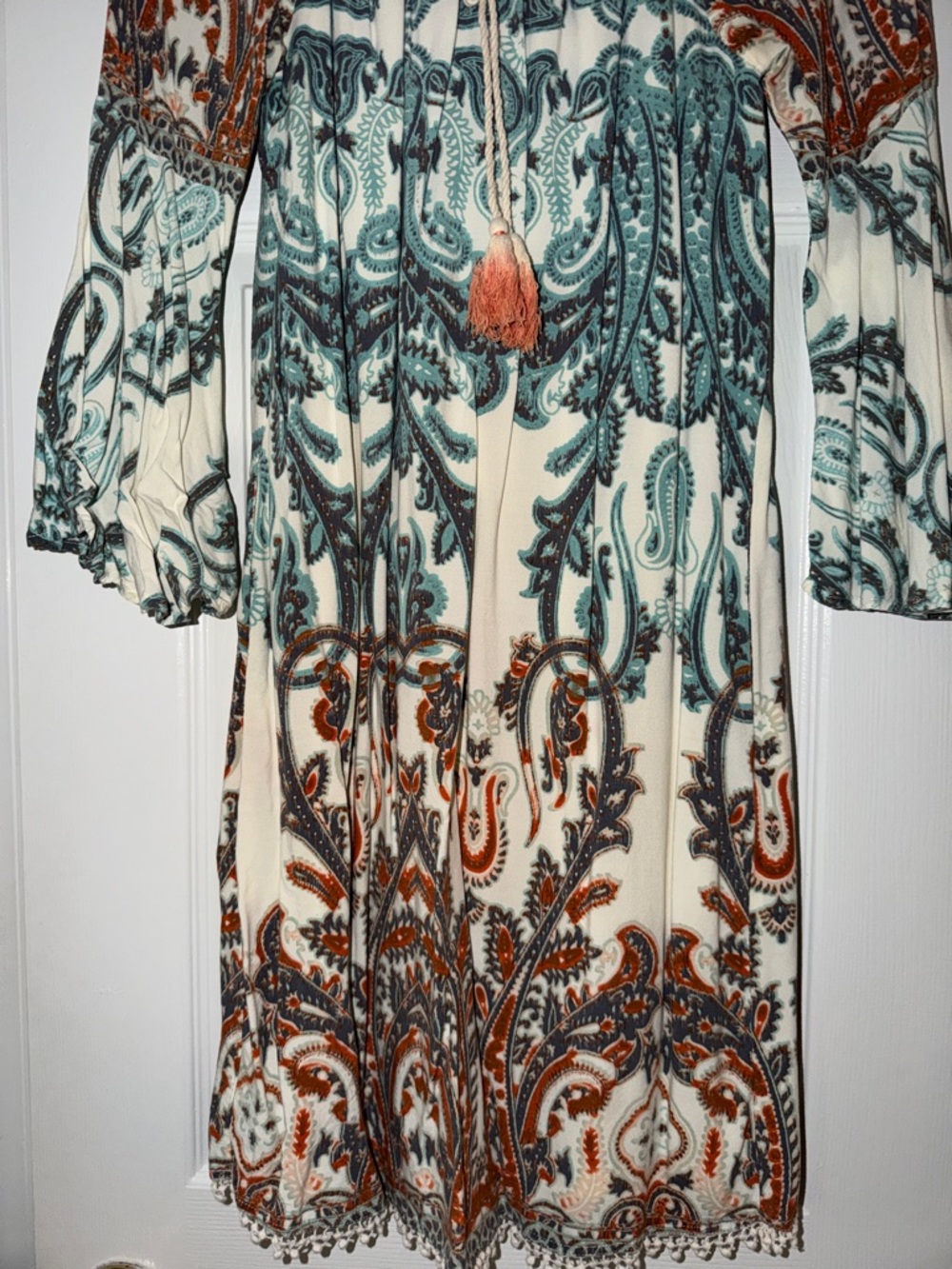 Cato Cream Paisley Long Sleeve Tie-Neck Dress with Teal & Rust Accents